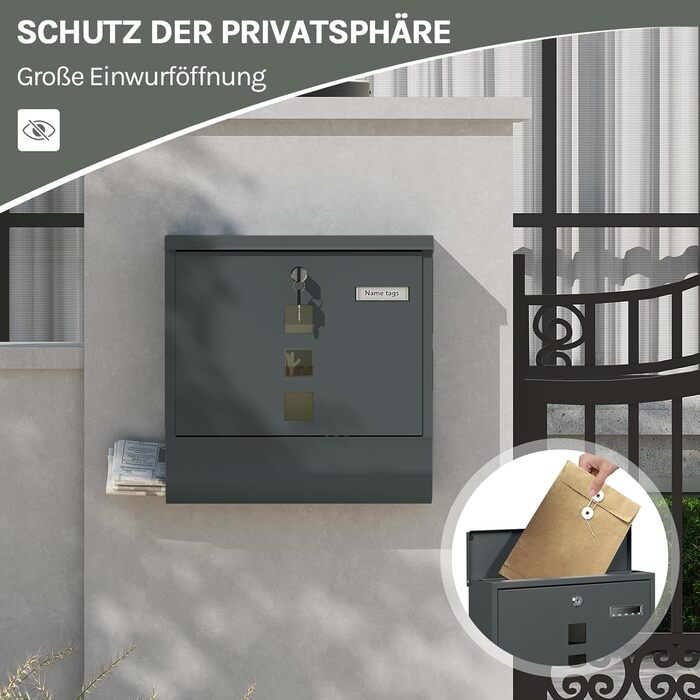 Поштовий ящик WOLTU з газетницею та оглядовим вікном, антрацит, 37x37x10.5 см. Закривається на ключ, з табличкою для імені.