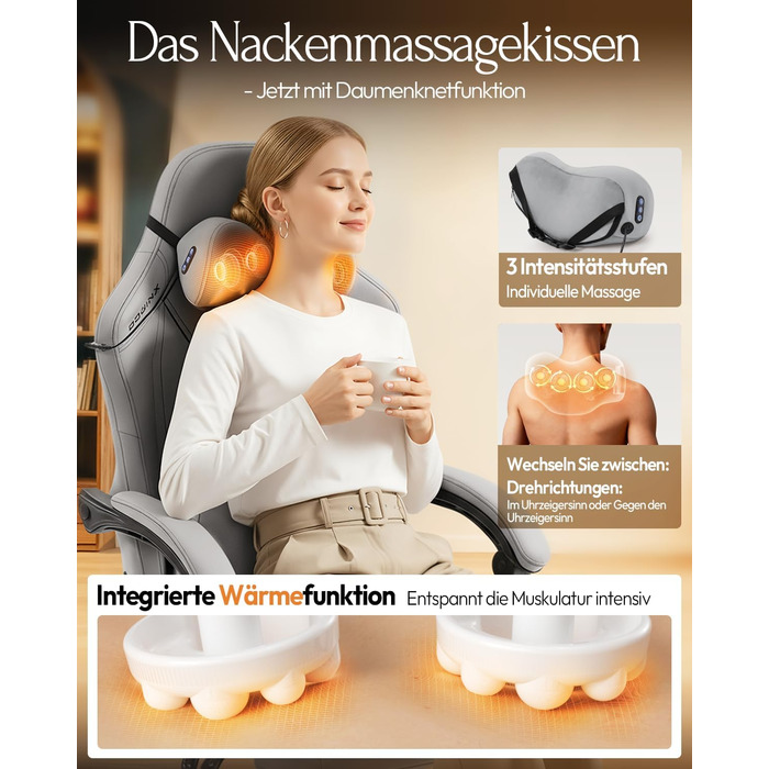 Ігрове крісло Dowinx з масажем, ергономічне, до 135 кг, сіре. Підтримка попереку та шиї, регулювання висоти, шкіра для дорослих