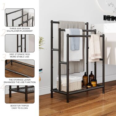 Підставка для рушників, тримач рушників, стійка для рушників на 3 рейки, чорний, для ванної кімнати