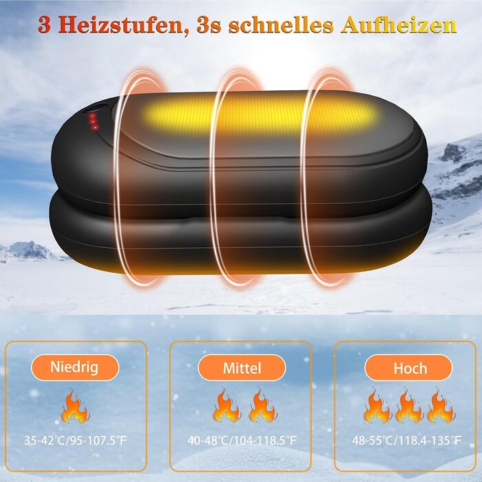 Електричний гріти для рук, набір 2 шт. з акумулятором 6000mAh, USB-кабель, 3 режими нагріву, 20 годин тепла, перезаряджається, для активного відпочинку взимку (чорний, сірий)