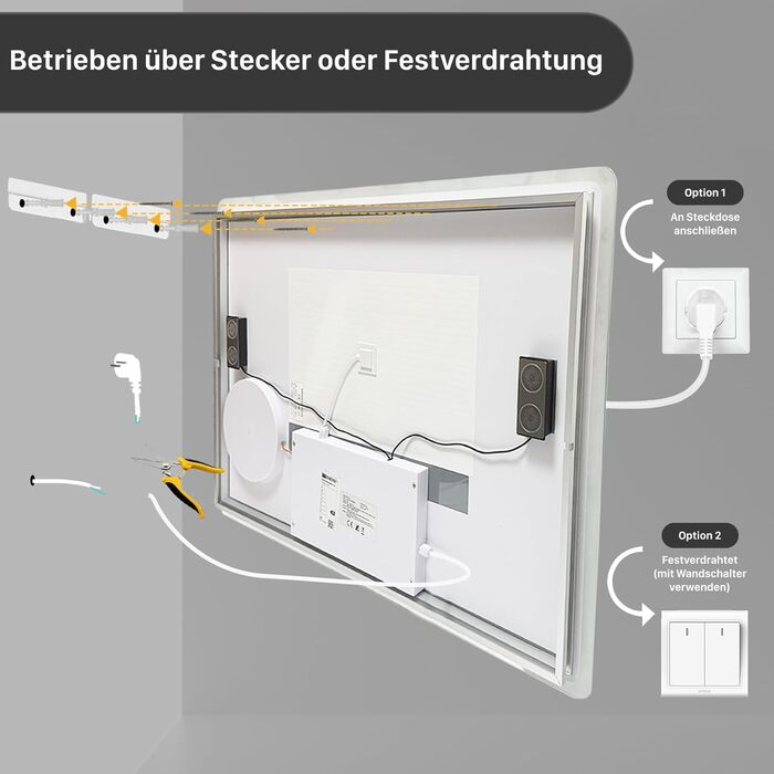 Дзеркало для ванної кімнати LUVODI з підсвічуванням 100x70 см: годинник, температура, дата, проти запотівання, регулювання яскравості, 3 кольори світла, функція пам'яті, LED, водонепроникність, збільшення 3x, Bluetooth