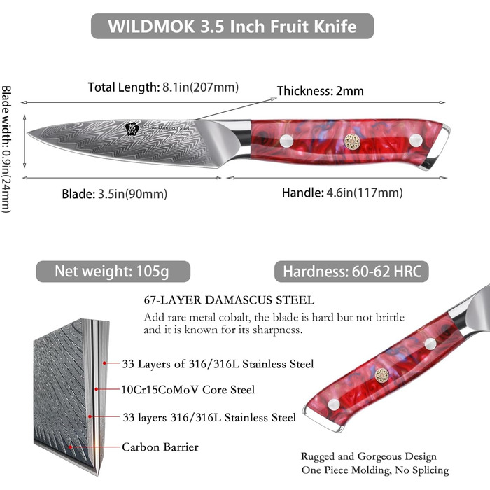 Ніж кухонний WILDMOK 8см, японська сталь VG10, 67 шарів дамаської сталі, для нарізання та очищення фруктів, ручка з червоного червоного акрилу, подарункова коробка