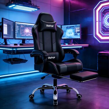 Ігрове крісло Ergonomic Gaming Chair з підніжкою, подушками під шию та поперек, 2D-підлокітниками, регулюванням висоти та поворотом на 360°, чорне