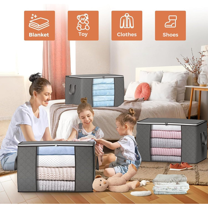 6 містких мішків для зберігання Budding Joy 90л з кришкою сірого кольору. Органайзери для одягу, постільної білизни, ковдр. Ідеально для переїзду та зберігання.