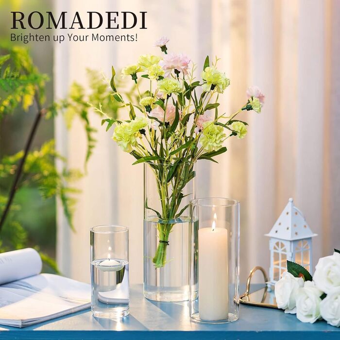 Candle Holder Glass Candle Stand Glass Cylinder: Romadedi 12-Piece Set Candle Holders for Pillar Candles, Floating Candles, Candle Glass Vase for Wedding Party Dining Table Table Decoration Living Room Decor (15/20/25cm, 2 Sets)