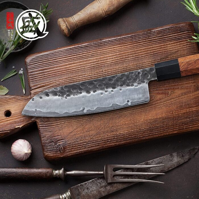 Японський ніж Santoku Mitsumoto Sakari 19 см, ручка з рожевого дерева, сталь з високим вмістом вуглецю, в подарунковій коробці