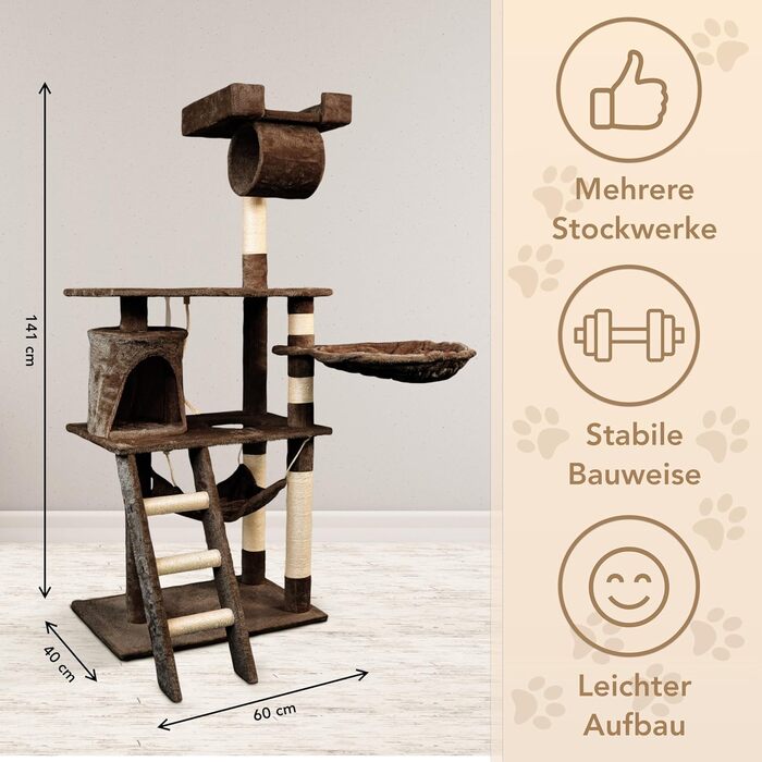 Кігтеточка для котів Foxdevil від xonic® - стабільна, багатофункціональна, з платформою, гамаком, будиночком, іграшкою, 141 см (Коричнева V1)