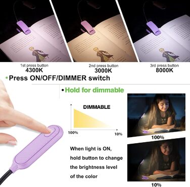 Ліхтарик для читання BIGMONAT з USB зарядкою, кліпсою, 6 LED, 3 режими світла, регульована яскравість, гнучкий на 360° фіолетовий