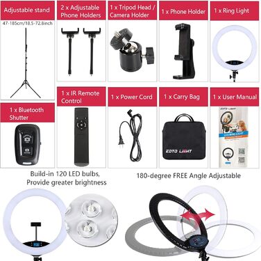 LED кільцеве світло з штативом, 48.3 см, дисплей, сенсорне керування, регульоване світло для макіяжу, студії, портретів, влогів, відеозйомки, з сумкою та пультом дистанційного керування, CRI > 97