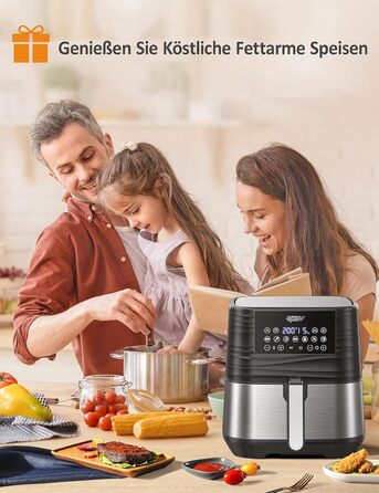Аерофритюрниця Innsky 5,5 л XXL, 1700 Вт, цифровий LED-екран, 7 програм, функції розігріву, підтримки тепла, розморожування, без олії, з німецькою кулінарною книгою, срібляста