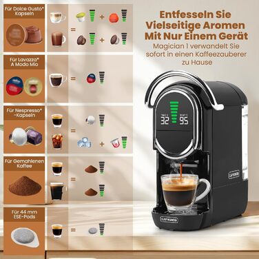 Кавомашина Magician1 Mini Kapselmaschine 5в1 для капсул Nespresso, Dolce Gusto, Lavazza A Modo Mio, ESE 44 та кавової гущі | 20 бар, 1450 Вт, LED-дисплей, 7 рівнів води | Для дому та офісу (Чорний)