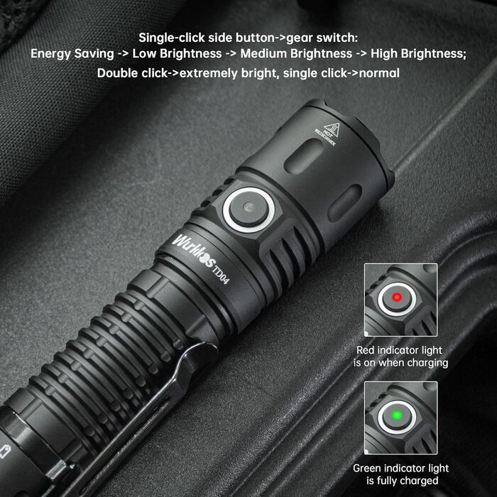 Wurkkos TD04 tactical flashlight 3000LM LED flashlight USB rechargeable, Torch light extremely bright LED flashlight with tactical switch, EDC flashlight 8 modes IP68 waterproof light camping