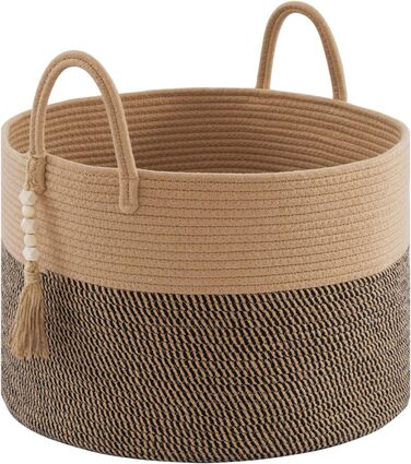 YOUDENOVA Woven Laundry Basket Large 65L Basket Storage Basket Blanket Toy Basket for Living Room Children's Room Storage Basket Laundry Collector 50x33 (Jute & Black, 50cm(D) x 33cm(H))