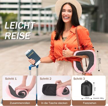 Подушка для шиї у літак, доросла, з піною з пам'яті, регульована, з маскою для сну та берушами, чорна (рожева)