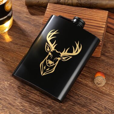 Фляга туристична 237мл з нержавіючої сталі, з воронкою та листівкою, подарункова коробка, з візерунком 'Золотий олень'