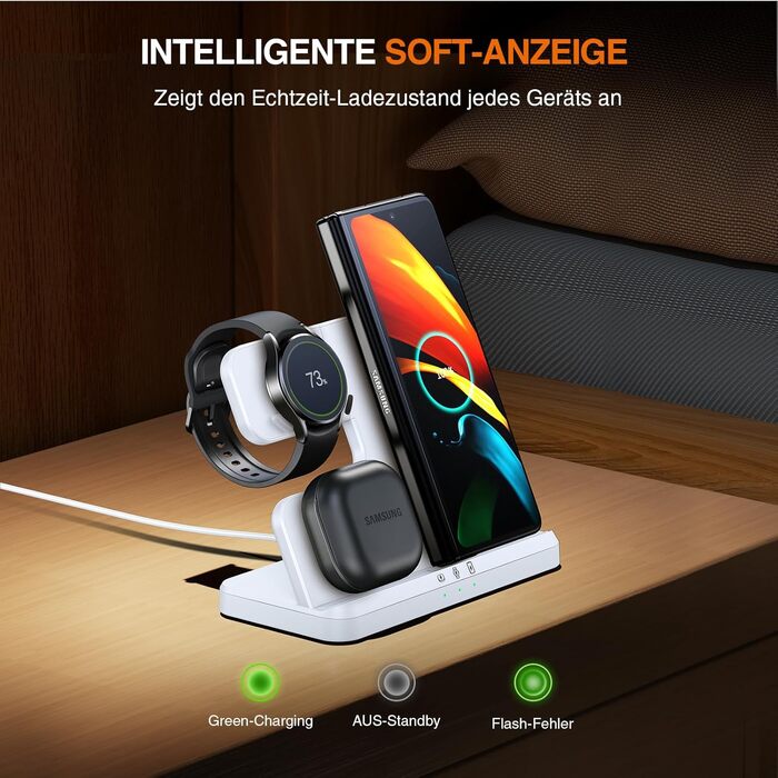 Зарядна станція Induktive 3-в-1 для Samsung Galaxy: Watch, Buds, смартфони (S26 Ultra - S22, Z Flip, Z Fold) - Без адаптера, білий