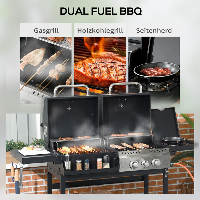 Outsunny Grill Cart Gas Grill with 2+1 Burner, Thermometer, 3kW BBQ Charcoal Grill with Shelf, Side Table, Hooks, Camping Grill with Hose for Garden, Balcony, Black | Aosom