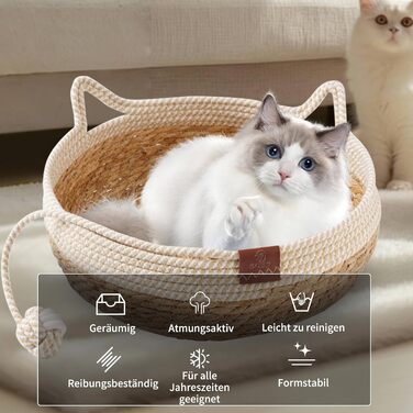 Натуральне котяче ліжко Maisly з соломи, гніздо, плетена будка для домашніх тварин, підходить для будь-якої пори року, з іграшкою-м'ячиком для котів та маленьких собак до 10 кг, кругле