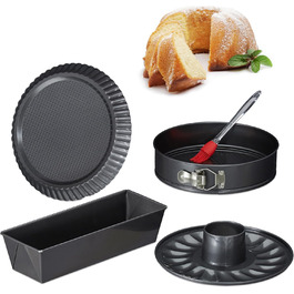 Набір для випічки Relaxdays 5-ти частинний: форма для випічки 26 см з трубчатим дном, кексова форма, форма для пирога з фруктами, пензлик для випічки, сталь, антрацит