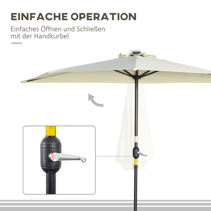 Сонцезахисний парасоль від Outsunny, 265x240 см, напівкруглий з LED-підсвіткою, напівкругла парасоль для тераси з ручним механізмом та сонячною панеллю, метал, бежевий