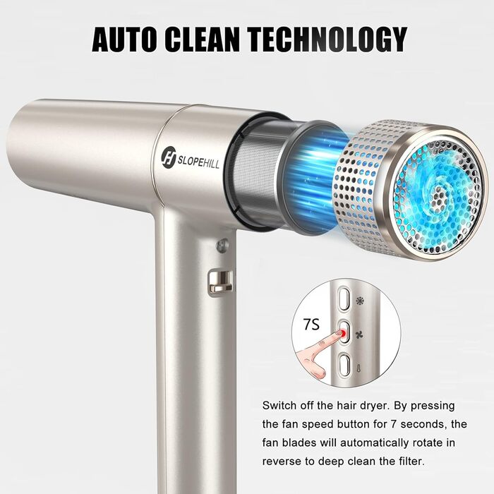 Фен Slopehill з унікальним безщітковим мотором | Інтелектуальна діагностика несправностей | Інноваційний мікрофільтр | Oxy Active Technology | LED-дисплей | 268г, 2000W (Champagne Gold)