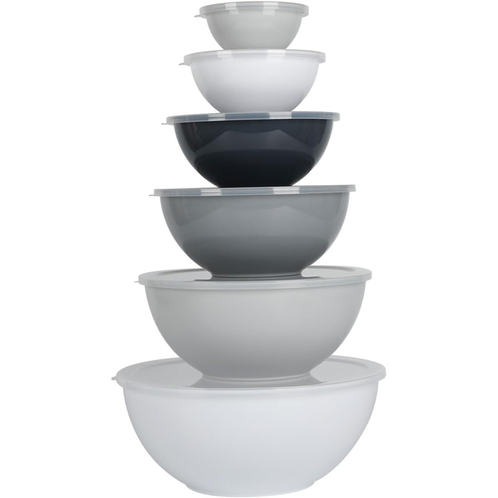 Набір мисок для перемішування BoxedHome з кришками, 12 штук. Пластикові миски для салату, неслизькі, стекові сервіровочні миски для кухні (6 мисок та 6 кришок, білий сірий)