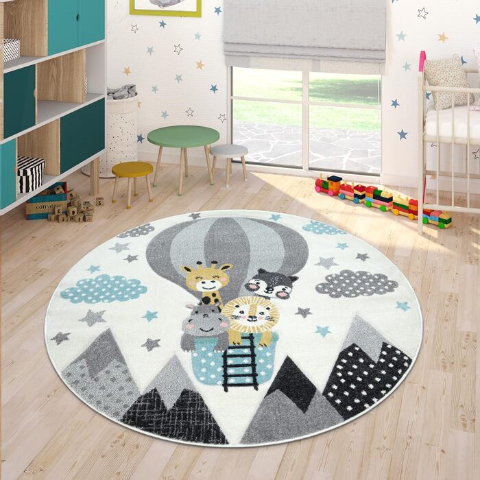 Paco Home Rug Children's Room Boy Girl Children's Rug Play Rug Short Pile Rainbow Farm Unicorn Butterfly Bunny, Size: Ø 120 cm Round