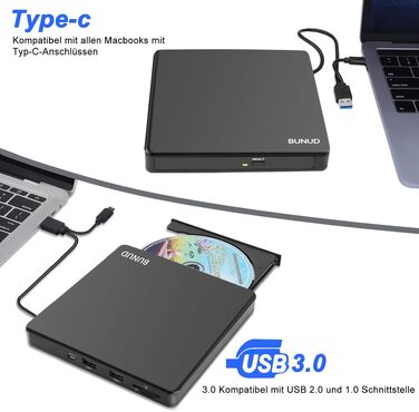 Зовнішній DVD-навігатор та CD-привід BUNUD для Windows 11, Mac, MacBook, PC: USB DVD-записувач та плеєр з картридером SD/TF та 2 USB-портами