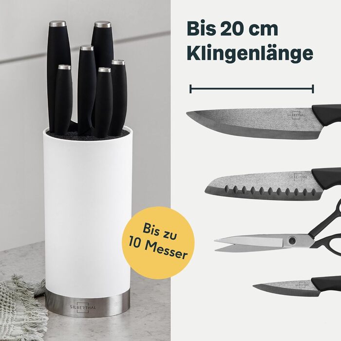 SILBERTHAL Universal Knife Block - Removable brush insert - without knives - unequipped - Knife storage with stainless steel ring - White