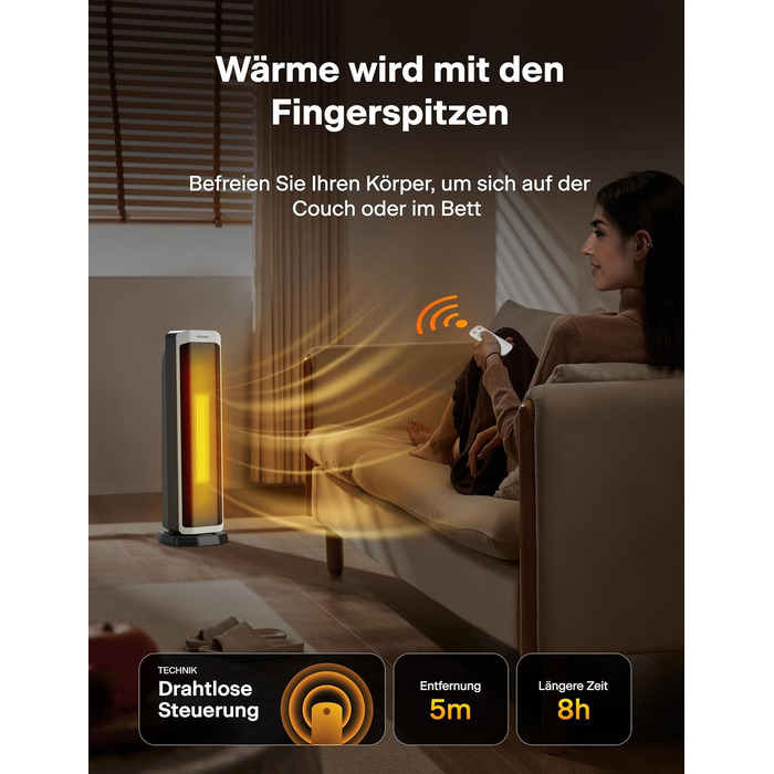 Електричний обігрівач PELONIS 2000W з пульт, 3S Швидкий нагрів, ECO режим, 75° коливання, термостат (5-35°C), таймер 8h, тиха керамічна панель, білий, 59см