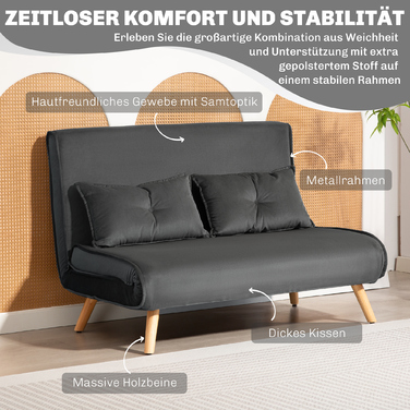HOMCOM 2-Seater Sleeper Sofa, Convertible Sofa Bed, Adjustable Backrest, Fabric Upholstery, Metal Frame, Gray