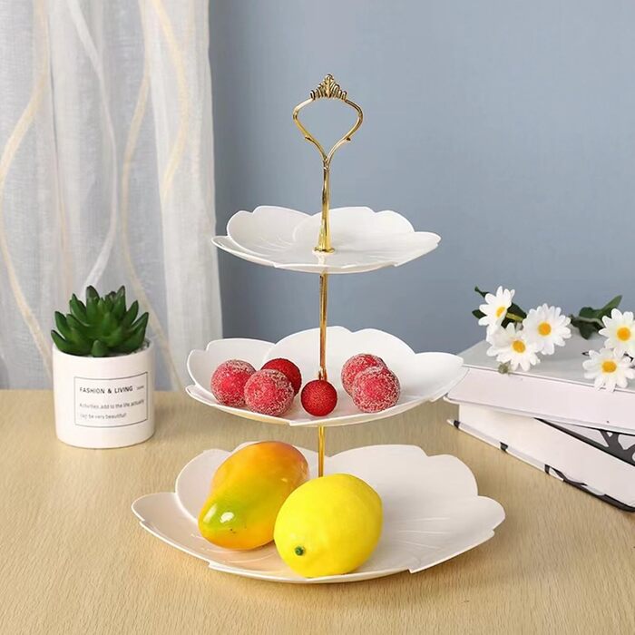 Підставка для тістечок Wagoodter на 3 яруси, тортова підставка, багаторівнева підставка для десертів, багаторазова для весілля, дня народження, чайної вечірки (біла квітка)