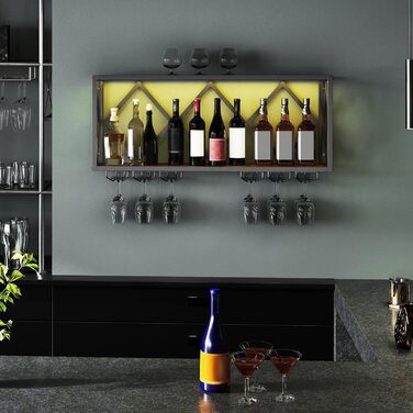 Стійка для вина COSTWAY з LED-підсвічуванням, 2 яруси, дерев'яний ящик з металевим каркасом, 6 рядів для келихів, індустріальний дизайн, для дому, бару, кухні та ресторану