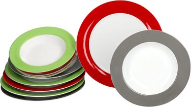 MamboCat Tafelservice Trio 12tlg. - Посуд для 6 осіб (12 предметів) з порцеляни, зелений, червоний, сірий | Тарілки супові та обідні