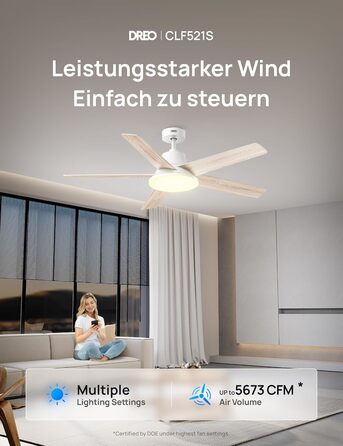 Дрео Смарт стельовий вентилятор з підсвічуванням, 132 см, 12 швидкостей, 3 режими, регульоване LED-підсвічування, тихий DC-двигун, 12H таймер, керування пульт/APP/Alexa, для дому, білий