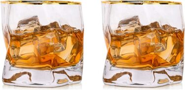 Набір склянок для віскі з нерівними гранями, 2 шт. Об'єм 250 мл. Стильні келихи для скотчу, бурбону, рому. Ідеальний подарунок для тата, чоловіка, друзів. Золотий край, прозорі.
