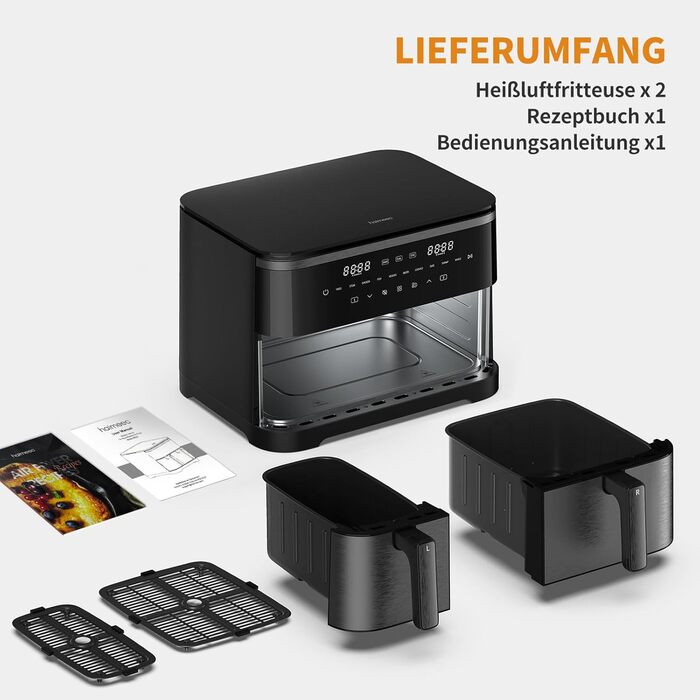 Електрична фритюрниця повітряна 11л, 2 камери з грилем, 10-в-1, без олії, з нагадуванням про струшування <60дБ, з антипригарним покриттям, 78 рецептів