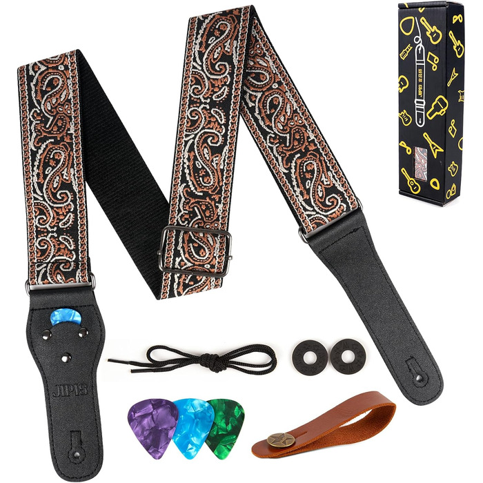 Гітарний ремінь Jacquard з вишитою бавовною та шкіряними кінцями для акустичної гітари (Gs-08-4 Brown Embroidery)