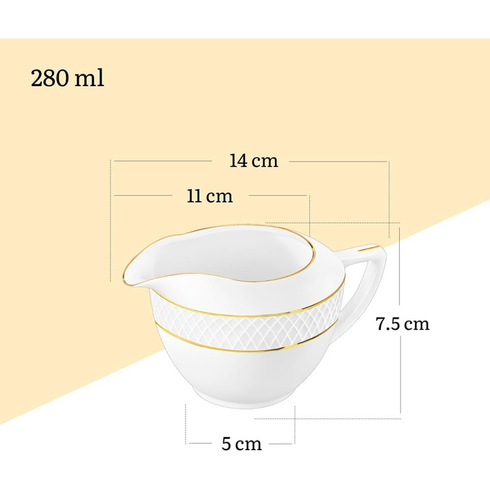 Wilmax - Porcelain Milk Jug with Gold Pattern - 280ml - White - Milk Canister - Coffee Service for Milk, Coffee, Tea - with Spout - Sauce Server, Sauce Boat