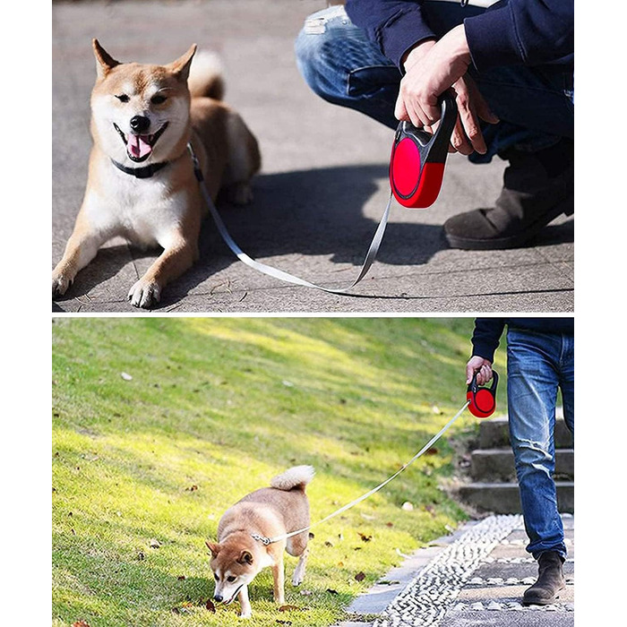 Рулетка для собак CFMOUR, 5 м, до 20 кг, червона, міцна, висувна, для собак маленьких та середніх порід, з нейлоновою стрічкою, стопорним механізмом та замком, бонус - кликер для дресирування