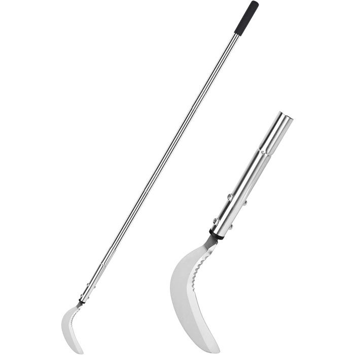 Weed scythe, steel grass scythe with serrated double-edged blade, telescopic grass grabber, stand-up weed scythe, lightweight scythe, garden tool, long handle for garden, yard