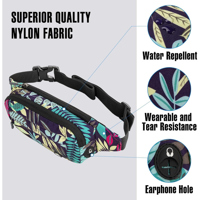 WATERFLY Поясна сумка на пояс для чоловіків та жінок: спортивна сумка через плече, сумка на стегно, поясна сумка Bum Hip Bag з регульованим ремінцем для подорожей, піших прогулянок, дресирування собак, активного відпочинку (кольорові листя)
