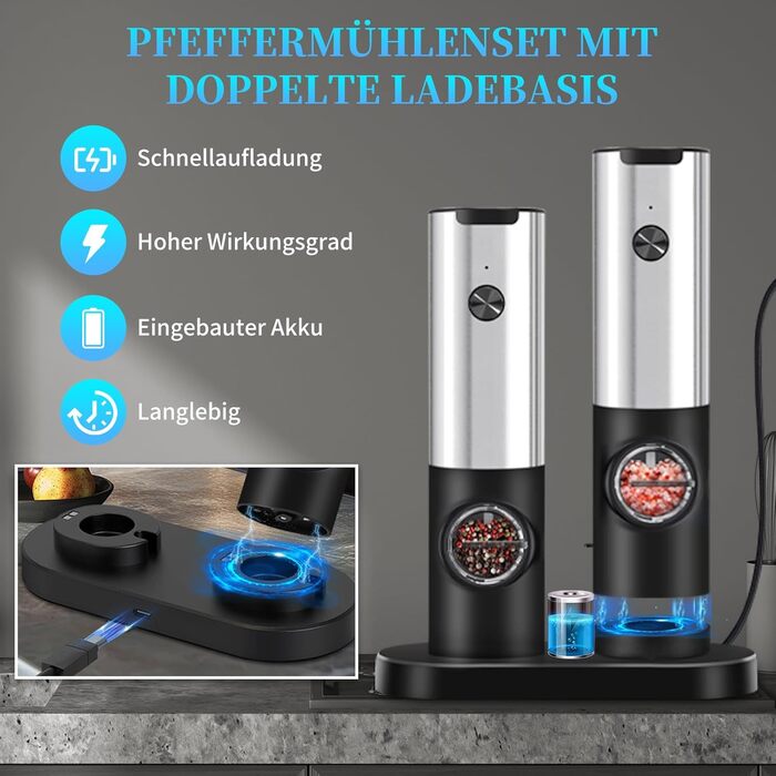 Electric Salt and Pepper Grinder Set, Rechargeable, USB Charging Station, Automatic Pepper and Salt Grinder Spice Grinder Refillable, One-Hand Operation, Adjustable Coarseness, LED Light