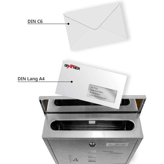 Поштовий ящик Grafner з нержавіючої сталі, персоналізований, з газетницею та 2 ключами. Гравіювання імені, вулиці та номера будинку. Комплект для монтажу входить.