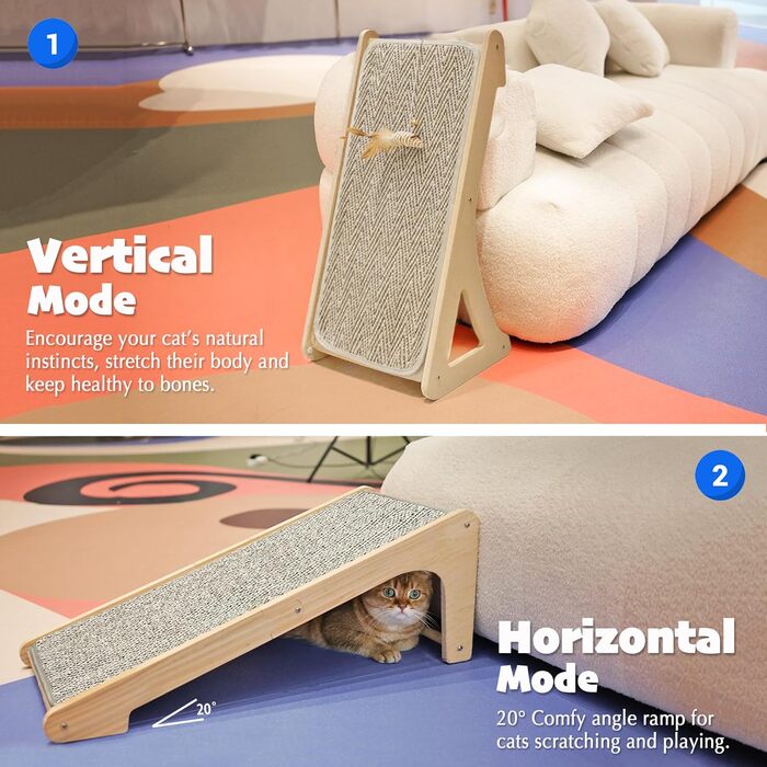 PETKARAY Драбина-кіготь для котів, L-подібна, 68 см, з сизалю, для стіни та кута, з котячою м'ятою та іграшкою-мишкою