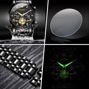 Годинник чоловічий OLEVS з металевим ремінцем, кварцовий, з місячною фазою, хронограф, водонепроникний, чорний (2856)