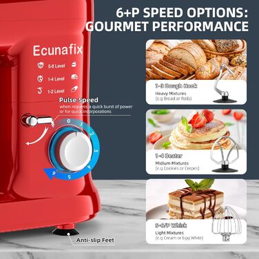 Кухонна машина для замішування тіста 2000W з чашею 6.5л з нержавіючої сталі, 6 швидкостей, з міксером, гаком для тіста, вінчиком та захистом від бризок (червона)