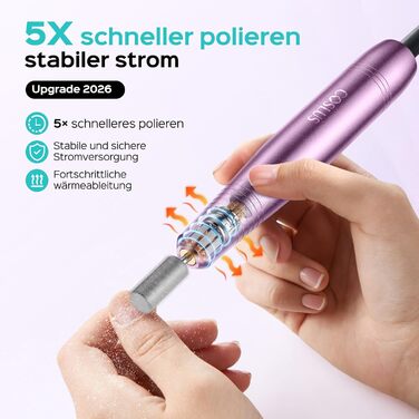 Електричний фрезер для нігтів Coslus: 20000 об/хв, регулювання швидкості та напрямку, манікюр та педикюр, набір для шліфування гелю та акрилу (фіолетовий)