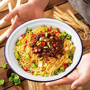 BESTonZON 4-Piece Enamel Soup Bowls, Enamel Basin, Enamel Bowl, Grease Pot with Lid, Enamel Mixing Bowl, Enamel Dishware, Four Sizes, Salad Bowl, Ramen Bowl