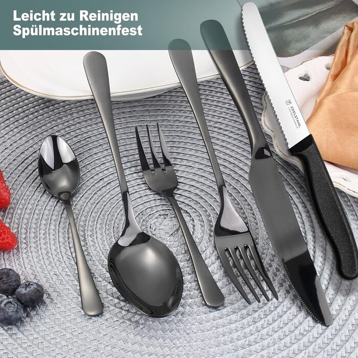 Набір столових приборів на 6 осіб, Targzier, 36 предметів, нержавіюча сталь, з ножами для стейка, преміум-якість, для сім'ї/вечірки/готелю, чорний колір, придатний для миття в посудомийній машині